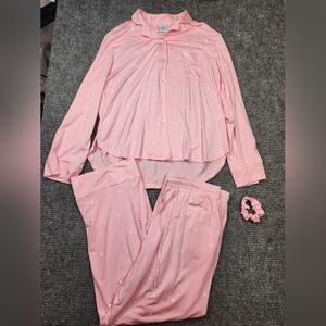 PRIV Collection Pink With Hearts Sleep/Lounge Set Button Down Scrunchie Size XL